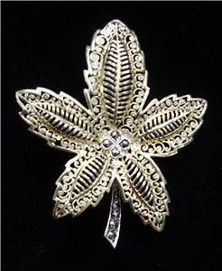   Caviness Sterling Gold Vermeil Marcasite Pin Brooch Leaf Filigree
