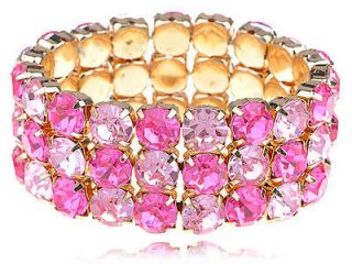   Pink Acrylic Crystal Rhinestone Gold Tone Elastic Cuff Bracelet Bangle