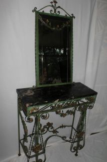 French Wrought Iron Marble Top Console and Mirror with Elaborate 