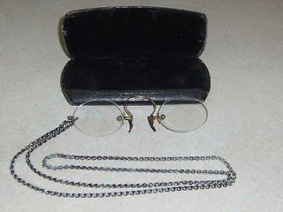   Vintage Pinch Nose Eyeglass Spectacles w/ Attached Chain in Case