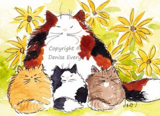   Cat Family Calico Mama Orange Tabby Black Spotted Kittens ACEO Print