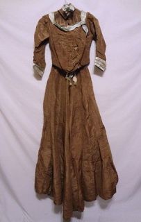 Antique Victorian 19th Century Brown Silk Moire 4 Piece Dress Ensemble