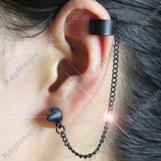 Fab Black Spike Stud Rivet Drop Chain Link Ear Cuff Clip Earrings Goth 