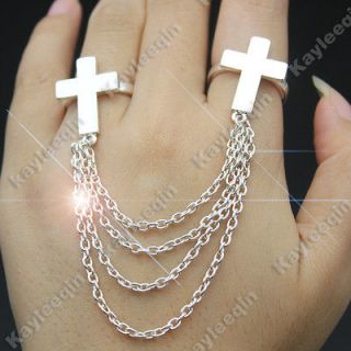 Fab Silver Double Cross Crucifix Chain Tassels Finger Ring Festival 