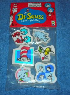   HORTON THING 1 & 2 CAT IN HAT GIANT PEN PENCIL TOP ERASERS SET OF 6