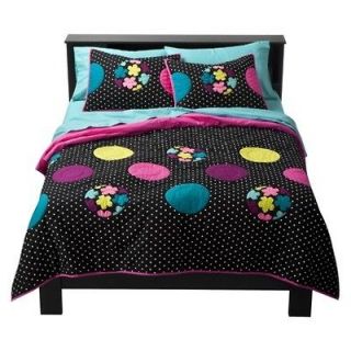 Xhilaration Twin XL Quilt Black Polka Dots & Colorful Flowers