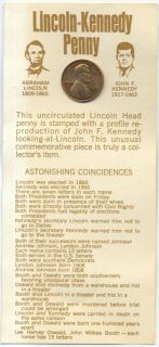   Lincoln Kennedy Etched Penny with Facts Coinicidence Sheet   64235