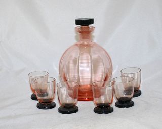 Antique Art Deco Brandy Decanter Set w/ 6 Cups Glass Czech Bohemian 