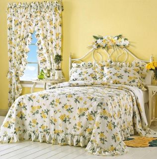 Country Yellow Rose Plisse Flower Floral Bedspread Bed Cover W/2 Shams 