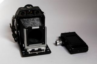Horseman Press 6x9 field camera body + 6x9 roll film back.