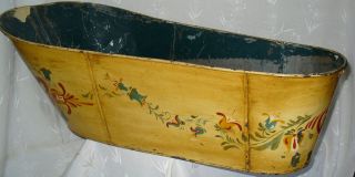 Beautiful Hand Painted Antique Victorian Rare Tin Metal Baby Wash Tub