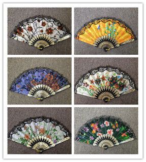 Chinese Japanese Folding Flower Print Lace Hand Fan Multi Pattern U.S 