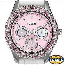 New Womens Fossil Stella Watch Pink Face White Silicon Band ES2895 NWT