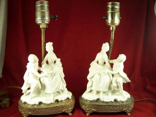   PAIR FRENCH ART DECO PORCELAIN FIGURAL MAN & WOMAN BOUDOIR LAMPS