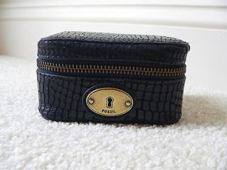 New Navy Leather Fossil Colette Square Jewelry Box Travel Case 