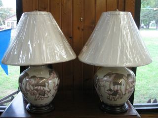 Set of New Frederick Cooper Hand Painted Ceramic Elephant Table Lamps