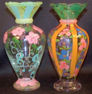  Porter Hand Painted Glass Vases 6 1/2 Tall Orange Green Pink Flowers