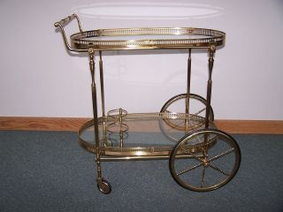 FRENCH LaBarge rolling bar tea serving cart SOLID BRASS Glass 