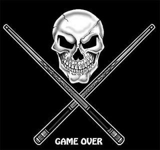 GAME OVER POOL BALL PLAY TABLE SKULL CUE STICKS T SHIRT