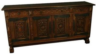 LARGE, HEAVILY CARVED 1930 SPANISH OAK SIDEBOARD, WROUGHT IRON 