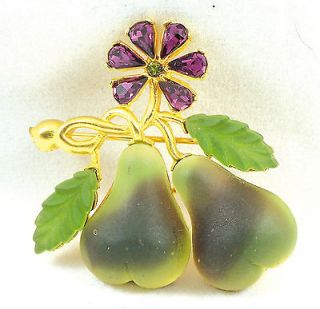 Vintage Signed LORAN Frosted Fruit Pear Green Purple Crystal Goldtone 