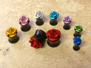 PAIR Rose Plugs Red,Pink,Gold,Silver,Purple,Blue,Green 6g,4g,4g,2g,0g 