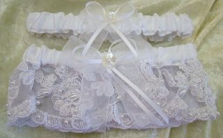   White Satin and White Lace Beaded Flower Ribbon Wedding Garter belt