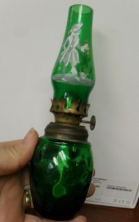 ANTIQUE MINIATURE GREEN GLASS KEROSENE/OIL LAMP WITH MARY GREGORY 