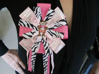 Newly listed Baby Shower ribbon bow in PINK with zebra, monkey theme 