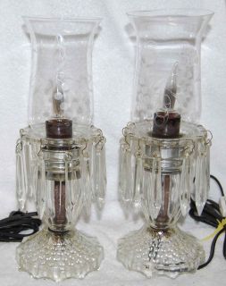   PAIR CRYSTAL LAMPS WITH ETCHED WHEEL CUT HURRICANE SHADES & PRISMS