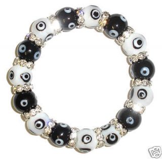 Black & White Glass Bead Evil Eye Crystal Bracelet 12mm