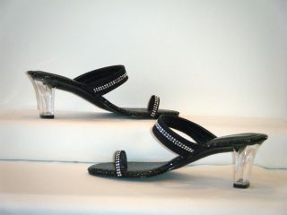 Black Heeled Slides Sandals~Rhinestones~NIB~Norman Kaplan Las Vegas 