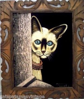 Vintage Retro Velvet Cat Painting Signed Siamese 1960s 70s Large