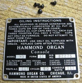 Hammond Organ M3 Model Serial No. ID Plate Form A1