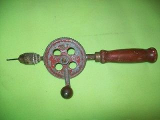 Vintage Antique Hand Crank Drill Old Attic Find, Wooden Handle 