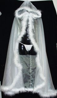 Sexy Halloween Costume Sheer White Long Hooded Cape w/Fur Trim~New 