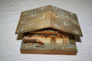 Vintage Wood Swiss Chalet Music Box   Happy Wanderer Woodcutter Boys