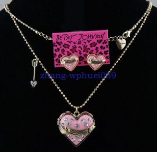New Betsey Johnson Pink Heart shaped Earring and Necklace