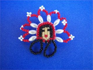 Beaded Pin Brooch Indian Head & Headdress Red White Black