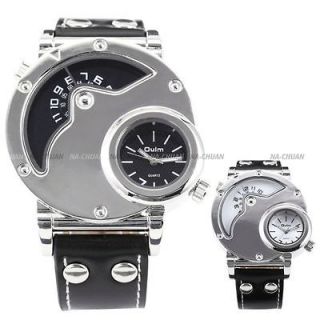   Mens Leather Quartz Dual Time Zone Analog Ourtdoor Sport Watch