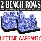 Hawaiian Blue Flowers 2 Bench Back Rows Full Complete Car Seat Cover 