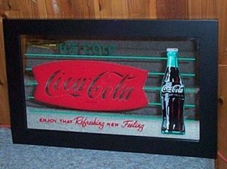 COCA COLA LARGE WOOD FRAME FISHTAIL GLASS MIRROR SIGN
