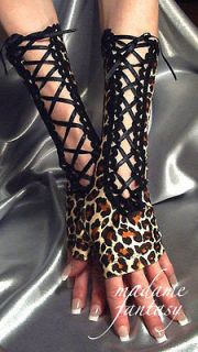 SEXY LONG LACE UP LEOPARD PRINT BLACK SPANDEX FINGERLESS GLOVES / ARM 