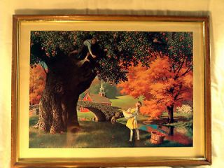   PAUL DETLEFSEN litho PRINT framed BOY & GIRL PICKING APPLES 1968