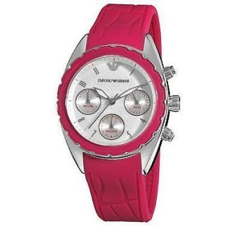 Emporio Armani Womens Pink Silicone Chronograph Watch MOP White Dial 