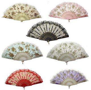 Silk Embroidered Folding Hand Fans Fantastic LACE cloth W/Rose flower 