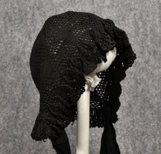 antique 1800s lace baby doll bonnet hat black mourning unusual rare