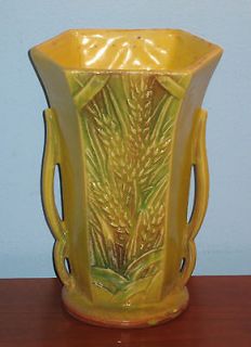 McCoy Art Pottery Vase Wheat Yellow Brown Green Double Handles