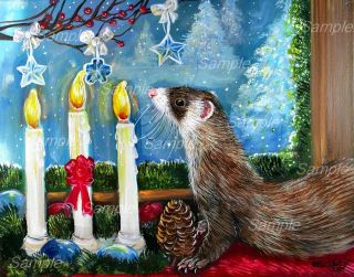 FERRET Winter HOLIDAY GICLEE Christmas Candle Painting Weasel Kasheta 