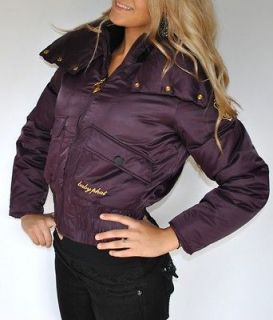 New Womens Baby Phat Down Filled Jacket Coat Purple Gold Satin Large L